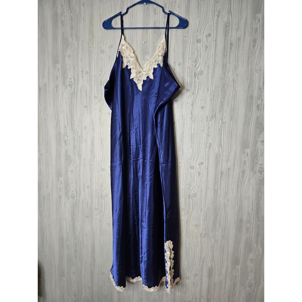 Vintage Jaclyn Smith Satin Slip Dress Nightgown Womens 3X Blue Lace Y2K Maxi